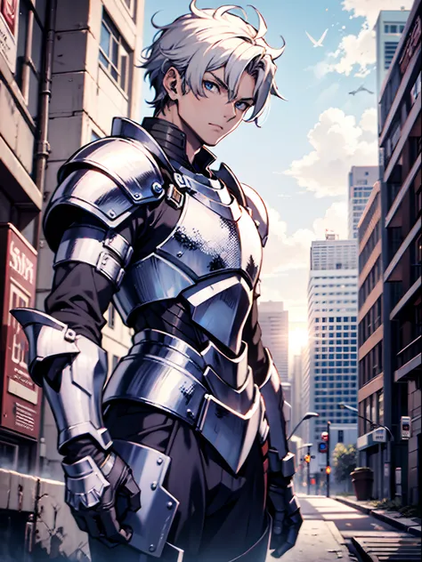 Ultra High Definition, (Ultra High Quality:0.5), Extremely Detailed, Perfectly Detailed, (Masterpiece:0.5), 8k, 1 Boy, knight, Handsome, Armored, blue Eyes, short white hair, urban Background, (solo)