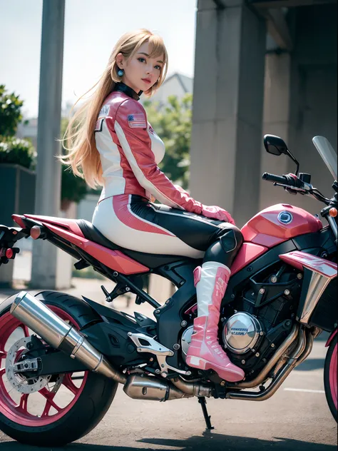 ((masterpiece)), (high resolution:1.4), (sitting on a pink motorbike:1.2), (full body:1.4), (gp circuit), (european youth  woman...