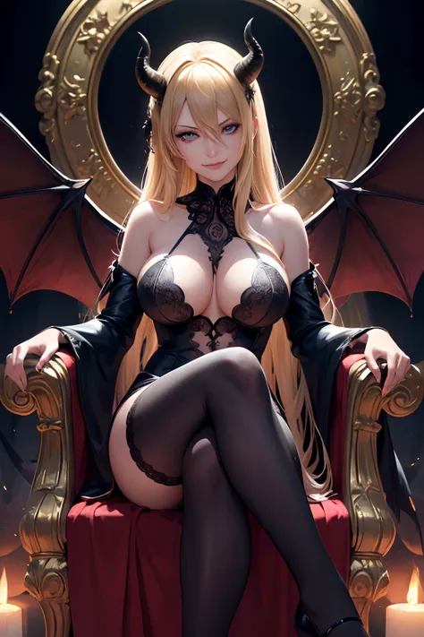 ultra detailed Stormy Daniels as Satan sur le Trone de lenfer, Realistic detailed eyes, diable, Robe noire et rouge, demon wings, Demon horn, Context of the chaos of hell and destruction, Evil queen, looking straight at camera, smiling with contempt on his...