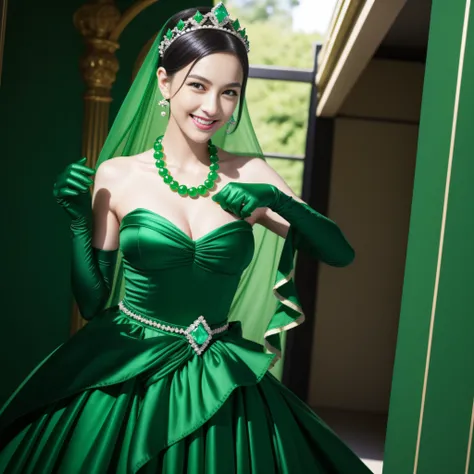 emerald tiara, Green Pearl Necklace, Boyish very short black hair, lipsticks, Japan woman smiling, very short short hair, big breasts beautiful, Green eyes, Long green gloves made of satin material, Green eyes, Emerald Earrings