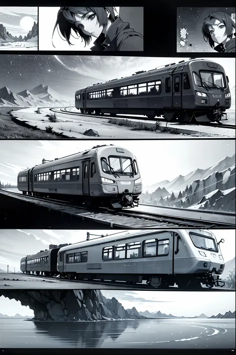 comic strip，Cartoon Split（4 or 5 or 6 tiles），Storyboard，Masterpiece, Anime train passing through bodies of water on tracks, Bright starry sky. Romantic train, Makoto Shinkais picture, Pisif, concept-art, Lofi art style, Reflection. By Makoto Shinkai, Lofi ...