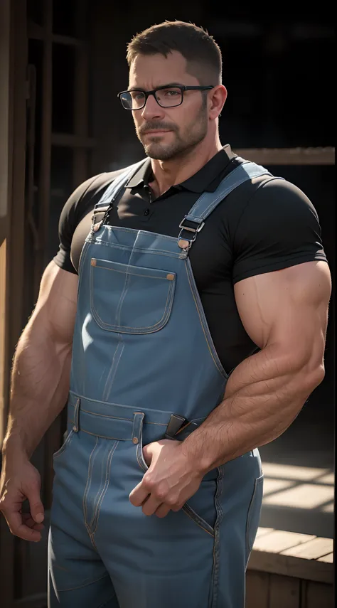 An award-winning original photo，A wild muscular man, (40 years old daddy:1.1), 1boy, Solo, (blue overalls), (black poloshirt), (big shoulders), musculature, stubbles, Short beard, Beautiful eyes:1.3, ), (Detailed face:1.3), wearing glasses, smiles, Dynamic...