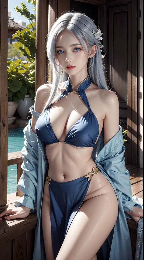 photorealistic, masterpiece, photorealistic, high resolution, soft light, waist up, blue eyes, white hair, long hair, sexy body, kimono