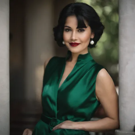 emerald tiara, Green Pearl Necklace, Boyish very short black hair, lipsticks, Japan woman smiling, very short short hair, big breasts beautiful, Green eyes, Long green gloves made of satin material, Green eyes, Emerald Earrings