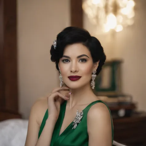 emerald tiara, Green Pearl Necklace, Boyish very short black hair, lipsticks, Japan woman smiling, very short short hair, big breasts beautiful, Green eyes, Long green gloves made of satin material, Green eyes, Emerald Earrings