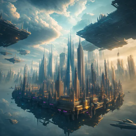 "Floating City": An ethereal metropolis suspended in the clouds, towering skyscrapers, Intricate bridges, and airships gliding between buildings, surrealism, color field printing, High detail, hyper HD, 8K, Anatomically correct, cinematic lighting 4d quali...