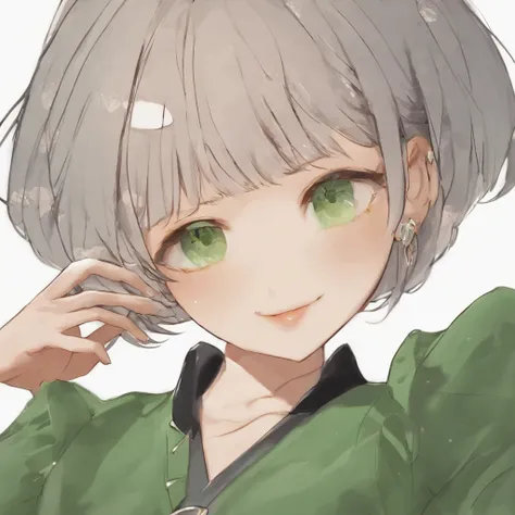 emerald tiara, Green Pearl Necklace, Boyish very short black hair, lipsticks, Japan woman smiling, very short short hair, big breasts beautiful, Green eyes, Long green gloves made of satin material, Green eyes, Emerald Earrings