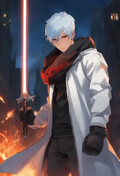 1boy, fiery blue hair, wearing white jacket, masterpiece, wearing scarf, cyberpunk, night time, fire ability, frown, intimidating look, mad, demonic red eyes, smoke, wearing black gloves, fighting, city, serious, dodging, snowy, ghost, blazing, smiling, ju...