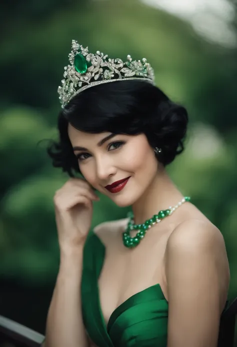 emerald tiara, Green Pearl Necklace, Boyish very short black hair, lipsticks, Japan woman smiling, very short short hair, big breasts beautiful, Green eyes, Long green gloves made of satin material, Green eyes, Emerald Earrings