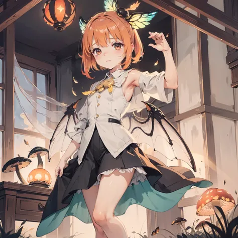 Beautiful and aesthetic,, Solo,Cute,Orange,pleatedskirt，Dance，It has dragonfly-like wings and membrane wings，Cogumelos，Mushrooms，Huge mushrooms，spore，(glowing ambiance, enchanting glow, luminouslighting, Ethereal atmosphere,Watercolor illustration, Perfect...