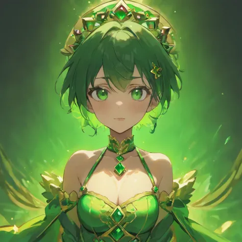 emerald tiara, Green Pearl Necklace, Boyish very short black hair, lipsticks, Japan woman smiling, very short short hair, big breasts beautiful, Green eyes, Long green gloves made of satin material, Green eyes, Emerald Earrings