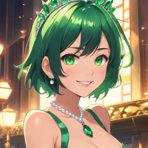 emerald tiara, Green Pearl Necklace, Boyish very short black hair, lipsticks, Japan woman smiling, very short short hair, big breasts beautiful, Green eyes, Long green gloves made of satin material, Green eyes, Emerald Earrings