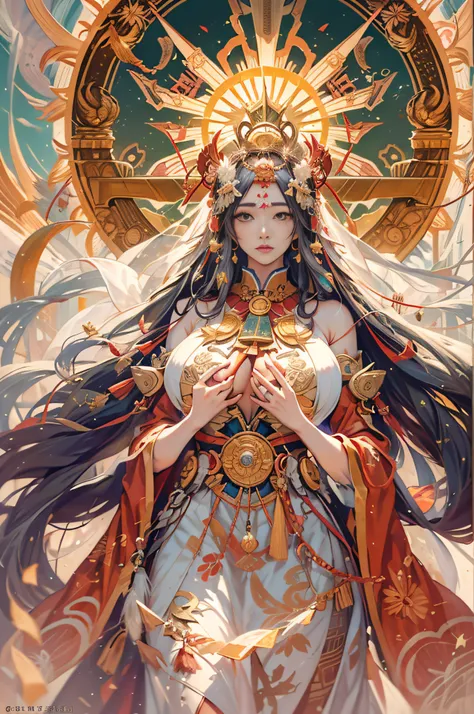 masutepiece, Best Quality,Unity 8k壁纸, ultra-detailliert, Beautiful and aesthetic, Beautiful, Official art, Amaterasu Priestess, SanDisk, Solar Flare Spell, Blessing of the Sun Goddess, divine intervention,Colossal tits、full body Esbian、A bell hangs on his ...