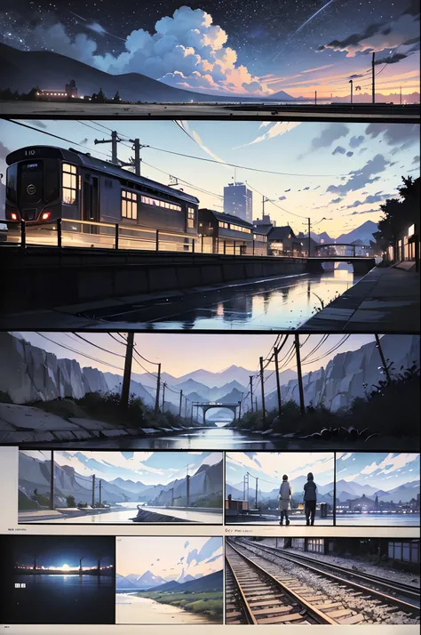 comic strip，Cartoon Split（4 or 5 or 6 tiles），Storyboard，Masterpiece, Anime train passing through bodies of water on tracks, Bright starry sky. Romantic train, Makoto Shinkais picture, Pisif, concept-art, Lofi art style, Reflection. By Makoto Shinkai, Lofi ...