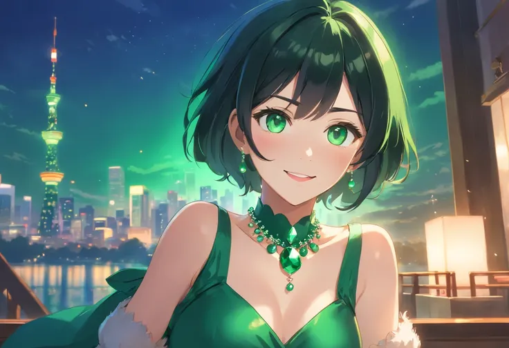 emerald tiara, Green Pearl Necklace, Boyish very short black hair, lipsticks, Japan woman smiling, very short short hair, big breasts beautiful, Green eyes, Long green gloves made of satin material, Green eyes, Emerald Earrings