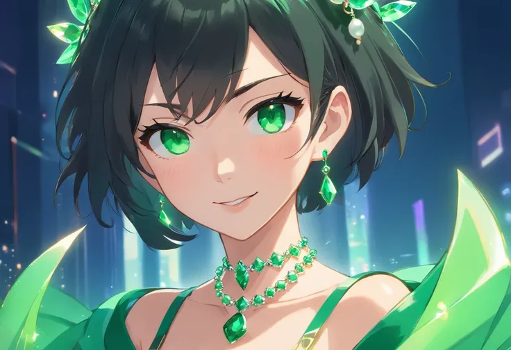 emerald tiara, Green Pearl Necklace, Boyish very short black hair, lipsticks, Japan woman smiling, very short short hair, big breasts beautiful, Green eyes, Long green gloves made of satin material, Green eyes, Emerald Earrings