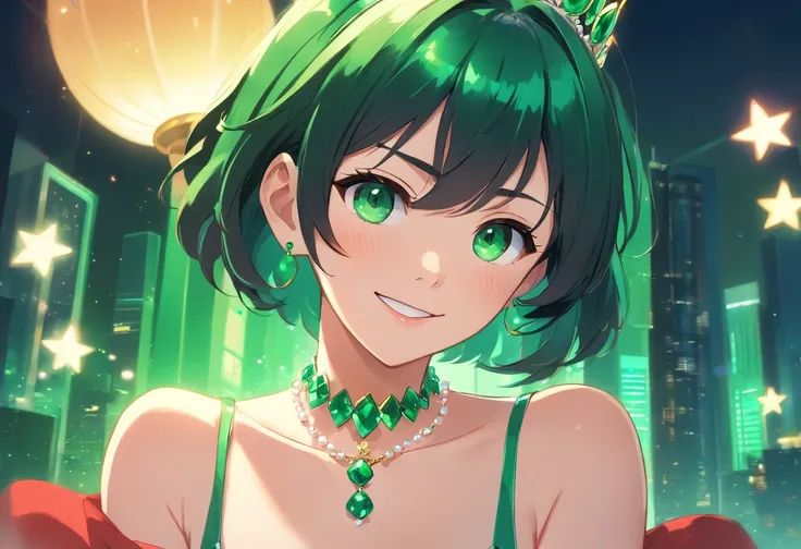 emerald tiara, Green Pearl Necklace, Boyish very short black hair, lipsticks, Japan woman smiling, very short short hair, big breasts beautiful, Green eyes, Long green gloves made of satin material, Green eyes, Emerald Earrings