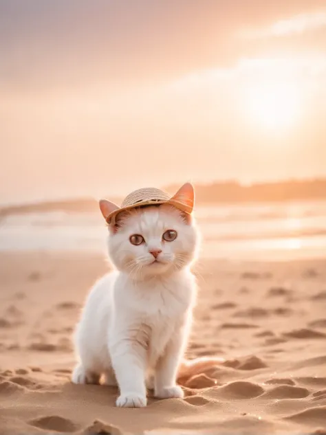 This is a real photo，A cheerful cat wearing a pink dress and a cute sun hat is shown，Cats are anthropomorphic standing positions，Enjoy a leisurely stroll on the beach of Qinhuangdao。The golden light of the sun surrounds the cat，Its cheerful demeanor is hig...