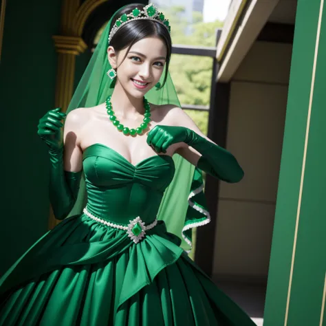 emerald tiara, Green Pearl Necklace, Boyish very short black hair, lipsticks, Japan woman smiling, very short short hair, big breasts beautiful, Green eyes, Long green gloves made of satin material, Green eyes, Emerald Earrings