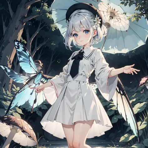 Beautiful and aesthetic,, Solo,Cute,silvery white,pleatedskirt，Dance，It has dragonfly-like wings and membrane wings，Cogumelos，Mushrooms，Huge mushrooms，spore，(glowing ambiance, enchanting glow, luminouslighting, Ethereal atmosphere,Watercolor illustration, ...