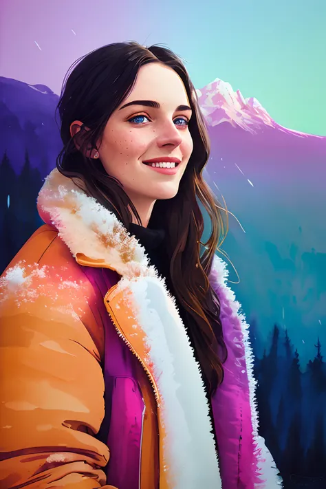 portrait of beautiful smiling woman with some freckles, snow-covered mountain landscape background by ilya kuvshinov and annie leibowitz. synthwave watercolor painting on canvas trending in artstation dramatic lighting abstract expressionism pastel shades ...