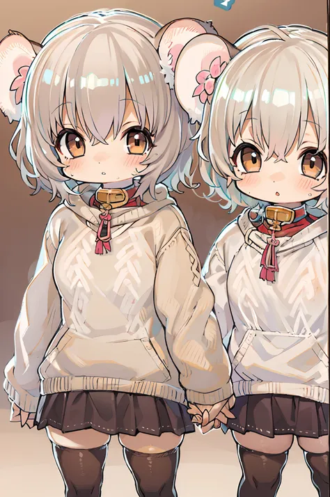 twins, Mouse Girls, short fluffy white hair, Big round mouse ears, White sweater, Holding hands, ((dark brown eyes)), a couple, Beautiful, Glossy lips, Detailed eyes,chibi