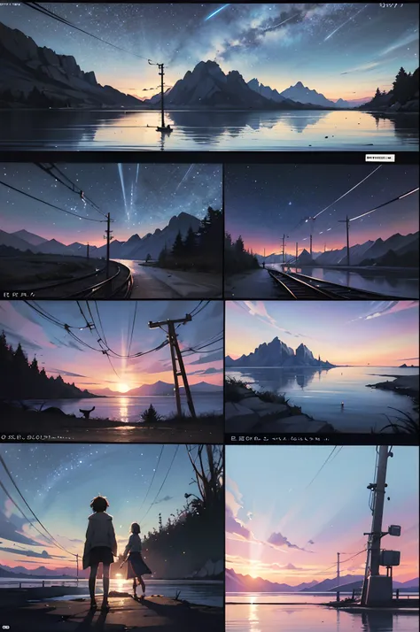 comic strip，Cartoon Split，Storyboard，Masterpiece, Anime train passing through bodies of water on tracks, Bright starry sky. Romantic train, Makoto Shinkais picture, Pisif, concept-art, Lofi art style, Reflection. By Makoto Shinkai, Lofi art, beautiful anim...