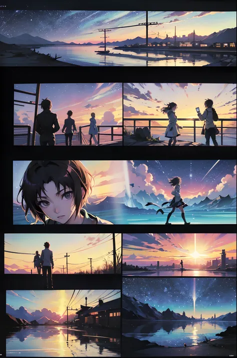 comic strip，Cartoon Split，Storyboard，Masterpiece, Anime train passing through bodies of water on tracks, Bright starry sky. Romantic train, Makoto Shinkais picture, Pisif, concept-art, Lofi art style, Reflection. By Makoto Shinkai, Lofi art, beautiful anim...