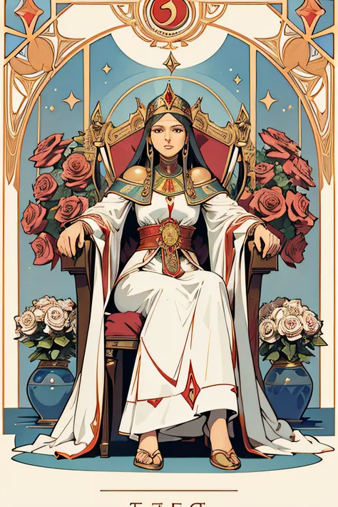 The Empress, Tarot cards, White long robe with red rose pattern, Water to the right of the card, Red Pillow, Egypt, art, Alphonse Mucha, Sit in a full-body chair., Sit face straight., Round head scepter, Twelve stars on the head, Heart-shaped shield