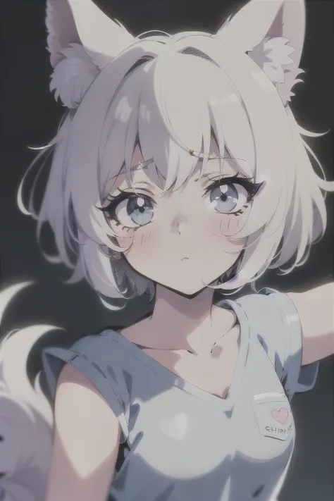 High quality, 1girl, ((((Candy Candy anime style)))), (wolf girl, wolf ears, wolf tail), animal ears, animal tail, ((((short hair)))), ((silver white hair)), hair clip, ((hair tap eye)), ((blue eyes)), long eyeslashes, eyeliner, (((small breasts, old pijam...