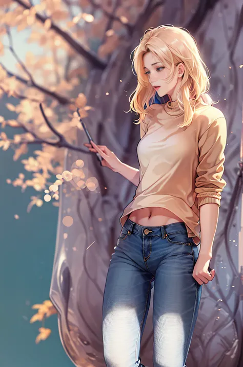 ((master part, best quality,edgQualidade)), smug,Sorriso, edgADC_moda, blonde hair, mangas compridas, kalap, Pants, from behind, sweater, tree, sheet printing, Denim, Folhas de outono, jeans, Realistic ,usando edgADC