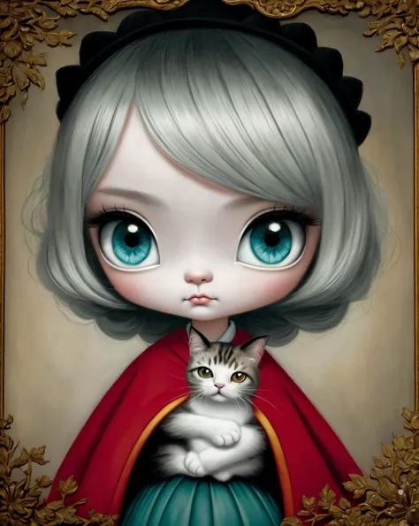 There is a painting of a girl holding a cat, Adorable pintura digital, Mark Ryden en el estilo de, Estilo Mark Ryden, Estilo de Mark Ryden, Lindo arte digital, inspirado por Mark Ryden, Mark Ryden muy detallado, Lindo arte digital detallado, benjamin lacom...