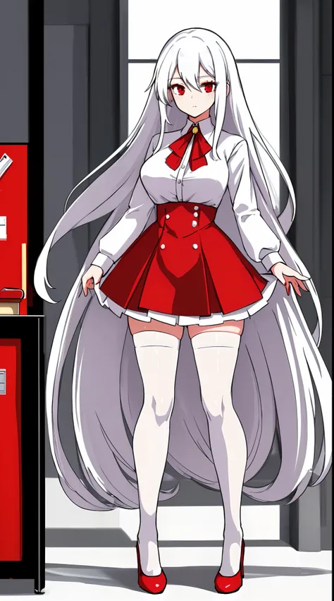 1woman, long white haired, slim build, red eyes, office attire, red blouse, white shirt, white skirt, black stockings, red high heels, masterpiece, nice hands, perfect hands