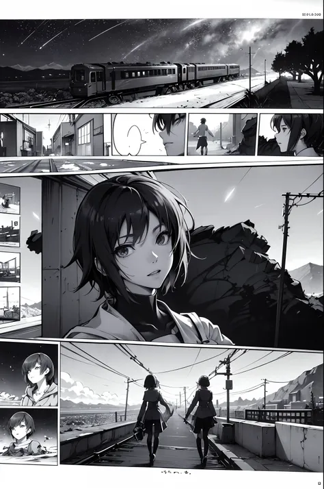 comic strip，Cartoon Split，Storyboard，Masterpiece, Anime train passing through bodies of water on tracks, Bright starry sky. Romantic train, Makoto Shinkais picture, Pisif, concept-art, Lofi art style, Reflection. By Makoto Shinkai, Lofi art, beautiful anim...