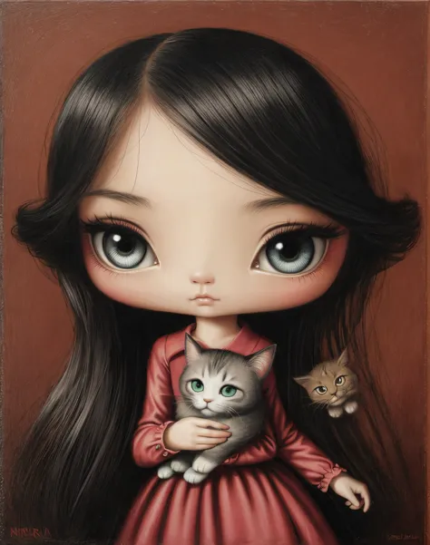 Painting of a girl with a cat in her hands, Estilo de Mark Ryden, Estilo Mark Ryden, inspirado por Mark Ryden, Yoshitomo Nara, Mark Ryden en el estilo de, Mark Ryden muy detallado, benjamin lacombe, por Yi Inmun, por Nara Yoshitomo, por Ni Zan, Inspirado e...