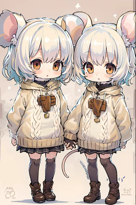 twins, Mouse Girls, short fluffy white hair, Big round mouse ears, White sweater, Holding hands, ((dark brown eyes)), a couple, Beautiful, Glossy lips, Detailed eyes,Chibi