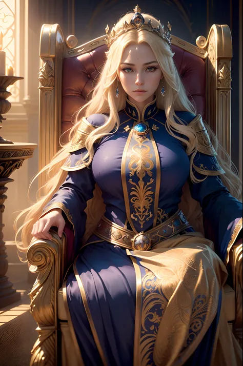 8K,Best Quality,masutepiece, Detailed,Intricate details,Photorealistic, Cinematic lighting,(Fantasy Art:1.6), (Seiza:1.1), (Frontal:1.2), Blue and white empress costume realistic skin　Beautiful expression　Wavy blonde　Gold decoration　Upright,royal, An majes...