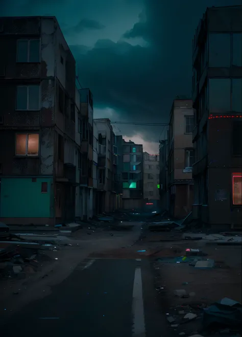 low angle, post apocalypse, old panel houses, street, neon lights, cyberpunk, dark evening, movie still, 80mm lens, masterpiece, best quality, (film grain:1.1), ultra high res, RAW