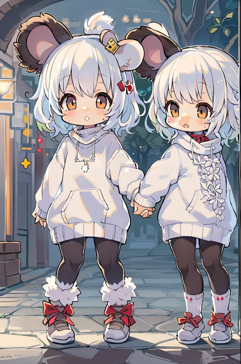 twins, Mouse Girls, short fluffy white hair, Big round mouse ears, White sweater, Holding hands, ((dark brown eyes)), a couple, Beautiful, Glossy lips, Detailed eyes,Chibi