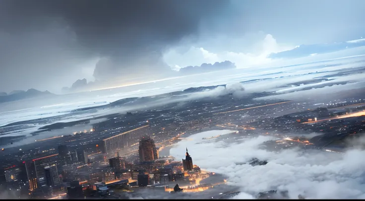 Apocalyptic view of a destroyed city covered in ice, a look from a high mountain, snow storm still blowing