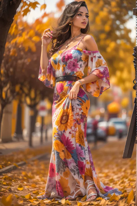 ((master part, best quality,edgQualidade)), smug,sorrir, edgADC_moda, vestido longo, Printing of autumn leaves assorted colors, renda com detalhes dourado, sandals,blusa fora do ombro,Standing ,usando edgADC,