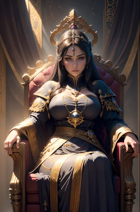 8K,Best Quality,masutepiece, Detailed,Intricate details,Photorealistic, Cinematic lighting,(Fantasy Art:1.6), (Seiza:1.1), (Frontal:1.2), Upright,royal, An majestic, queen, empress,(Huge and magnificent seats:1.4), diadems, Frontal close-up, solemnity, a t...