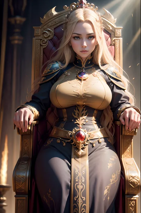 8K,Best Quality,masutepiece, Detailed,Intricate details,Photorealistic, Cinematic lighting,(Fantasy Art:1.6), (Seiza:1.1), (Frontal:1.2), Red and white empress costume realistic skin　Beautiful expression　Wavy blonde　Gold decoration　slender body　Upright,roy...