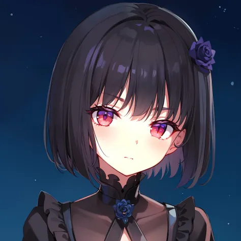 hiquality, tmasterpiece (one girls). dark short hair. purple rose on hair. Dark gothic outfit. red-eyes. An indifferent face. short mouth. against the background of the night sky