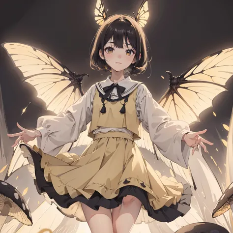 Beautiful and aesthetic,, Solo,Cute,amarelo,pleatedskirt，Dance，It has dragonfly-like wings and membrane wings，Cogumelos，Mushrooms，Huge mushrooms，spore，(glowing ambiance, enchanting glow, luminouslighting, Ethereal atmosphere,Watercolor illustration, Perfec...