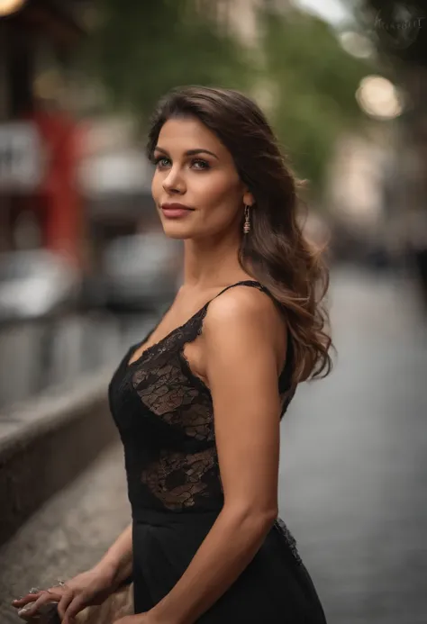 Upper body image of a beautiful woman, fiddling with cell phone in the middle of the street, [see-through](Cami short lace:1.47), Natural breast, medium  breasts, (narrow waist, Ideal Body Curve), earring, sharp focus, (tall body, adult woman), ((looking a...