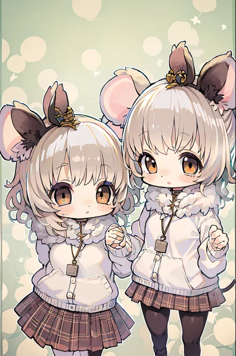 twins, Mouse Girls, short fluffy white hair, Big round mouse ears, White sweater, Holding hands, ((dark brown eyes)), a couple, Beautiful, Glossy lips, Detailed eyes,Chibi