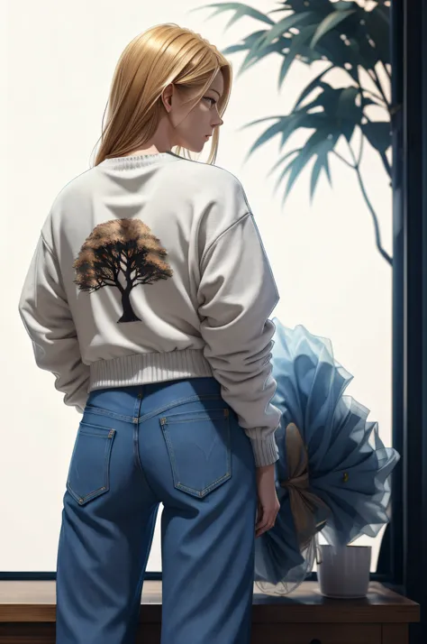 ((master part, best quality,edgQualidade)), smug,Sorriso, edgADC_moda, blonde hair, mangas compridas, kalap, Pants, from behind, sweater, tree, sheet printing, Denim, Folhas de outono, jeans, Realistic ,usando edgADC