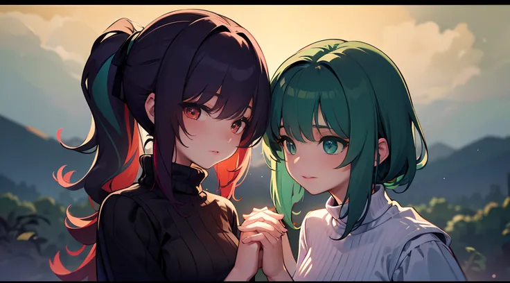 masterpiece, lots of detail, 4k, 8k, ((ultra-detailed)), highres, soft lighting, 2girls, sweater, outside, stargazing, stars, holding hands, {red hair|green hair|black hair|blue hair}, {ponytail|short hair|long hair|curly hair}