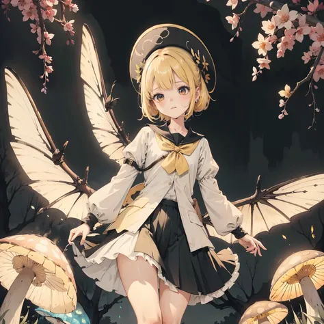 Beautiful and aesthetic,, Solo,Cute,Yellow hair,pleatedskirt，Dance，It has dragonfly-like wings and membrane wings，Cogumelos，Mushrooms，Huge mushrooms，spore，(glowing ambiance, enchanting glow, luminouslighting, Ethereal atmosphere,Watercolor illustration, Pe...